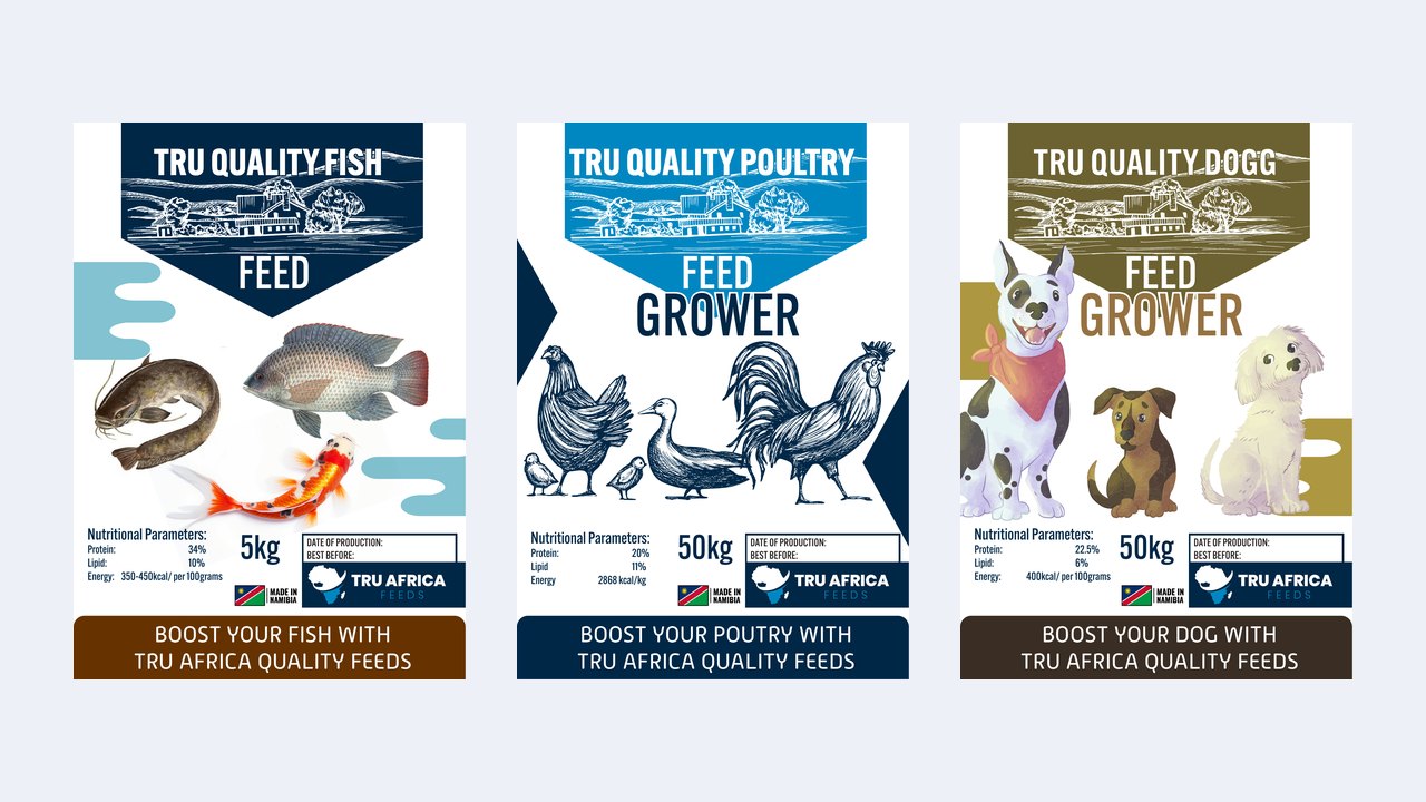 The three Tru Quality bags: Fish Feed, Poultry Grower and Dogg Grower